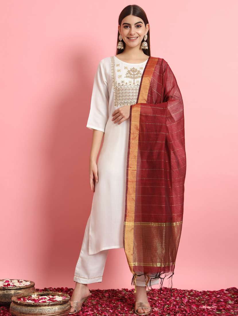 women three quarter sleeve kurta pant with dupatta set - 21102151 - Zoom Image - 0