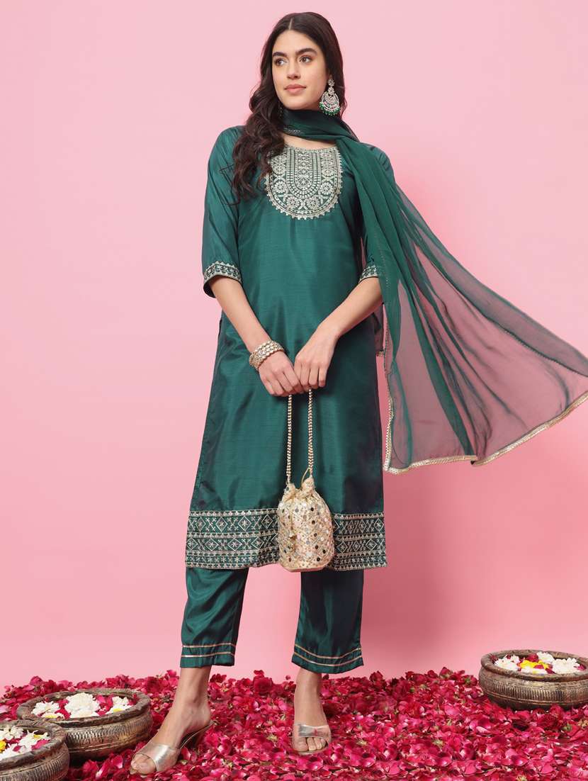 women three quarter sleeve kurta pant with dupatta set