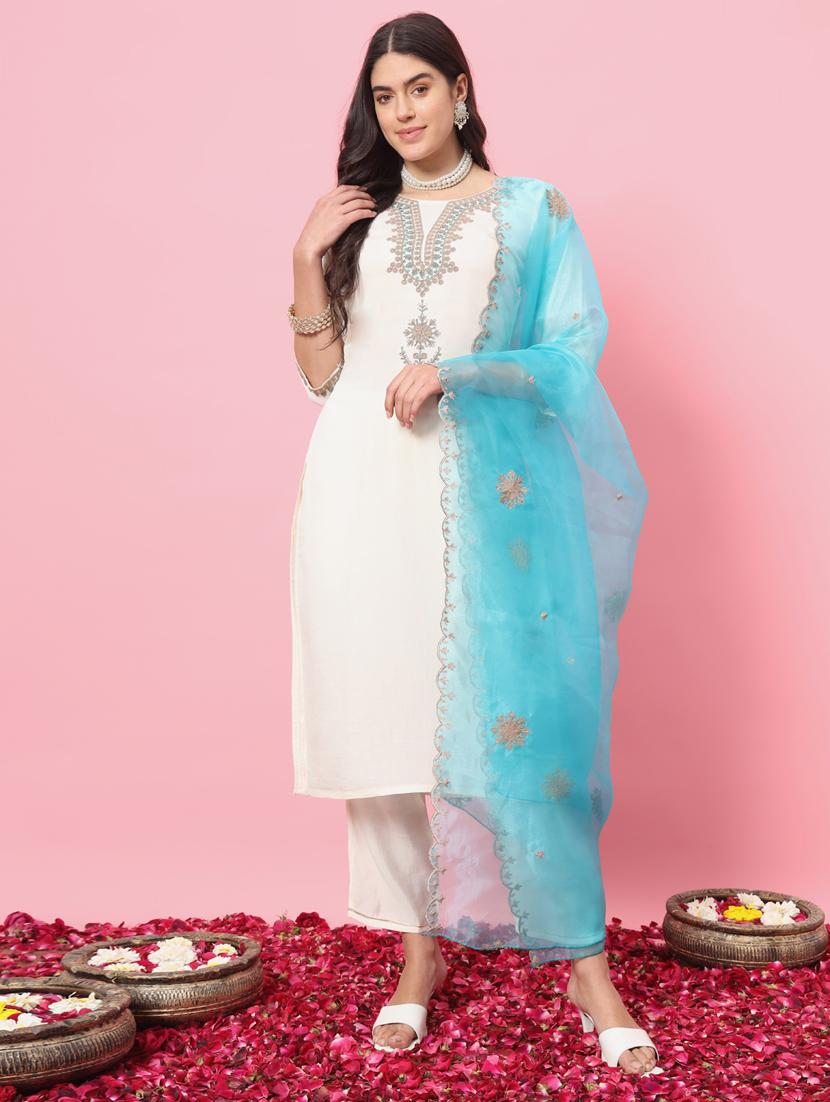 women three quarter sleeve kurta pant with dupatta set - 21102186 - Zoom Image - 0