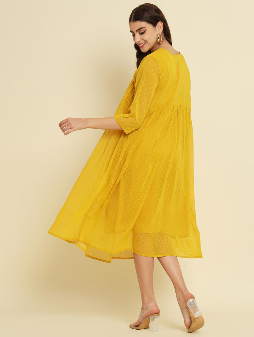 women yellow self design detailed dress - 21102300 - Standard Image - 3