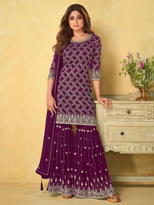 purple angrakha semi-stitched suit - 21102482 - Standard Image - 0