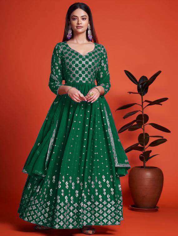 green anarkali semi-stitched suit - 21102490 - Zoom Image - 0
