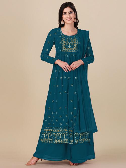 teal angrakha semi-stitched suit - 21102530 -  Standard Image - 0