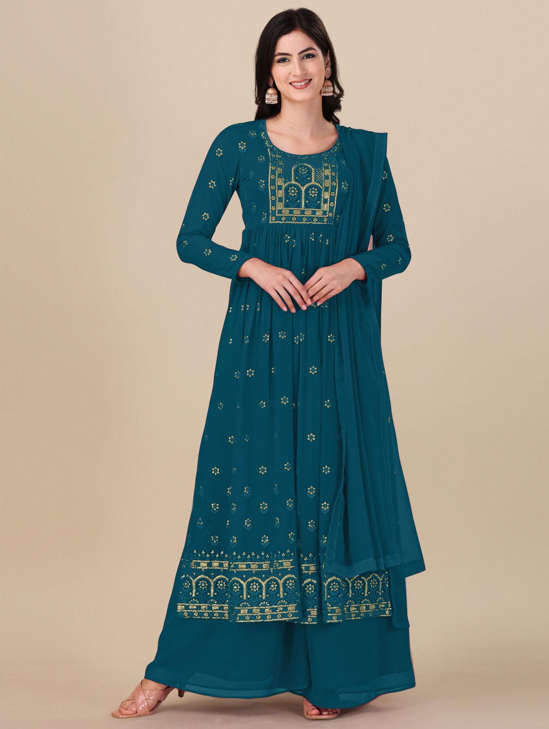 teal angrakha semi-stitched suit - 21102530 -  Zoom Image - 0