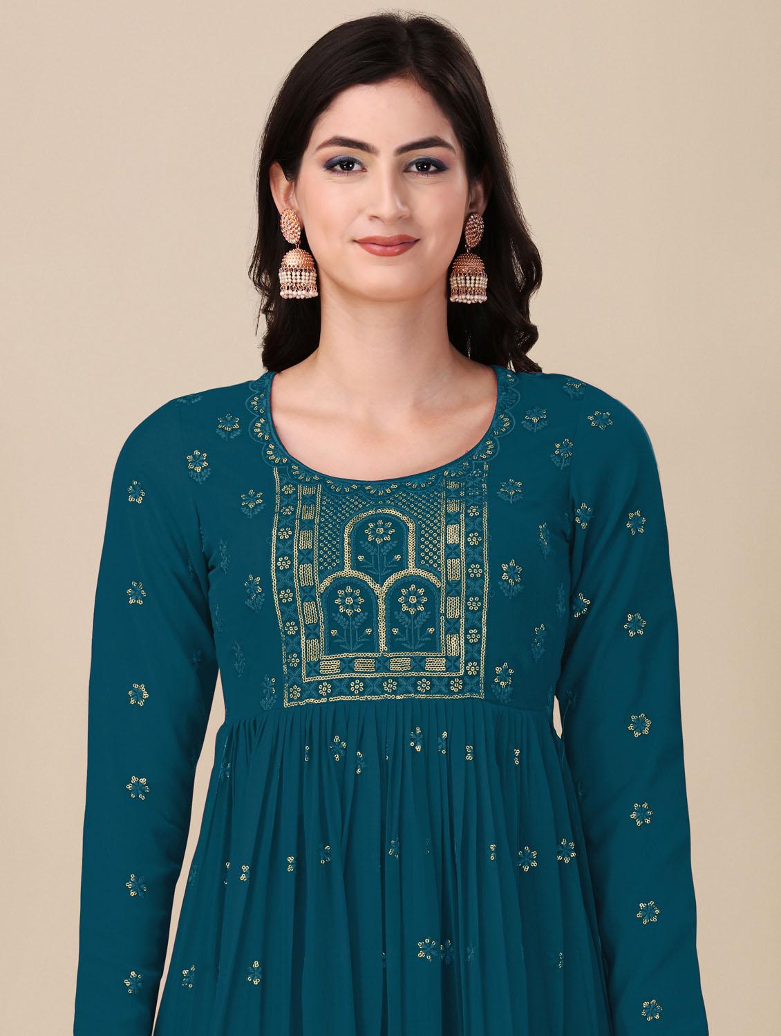 teal angrakha semi-stitched suit - 21102530 - Standard Image - 3