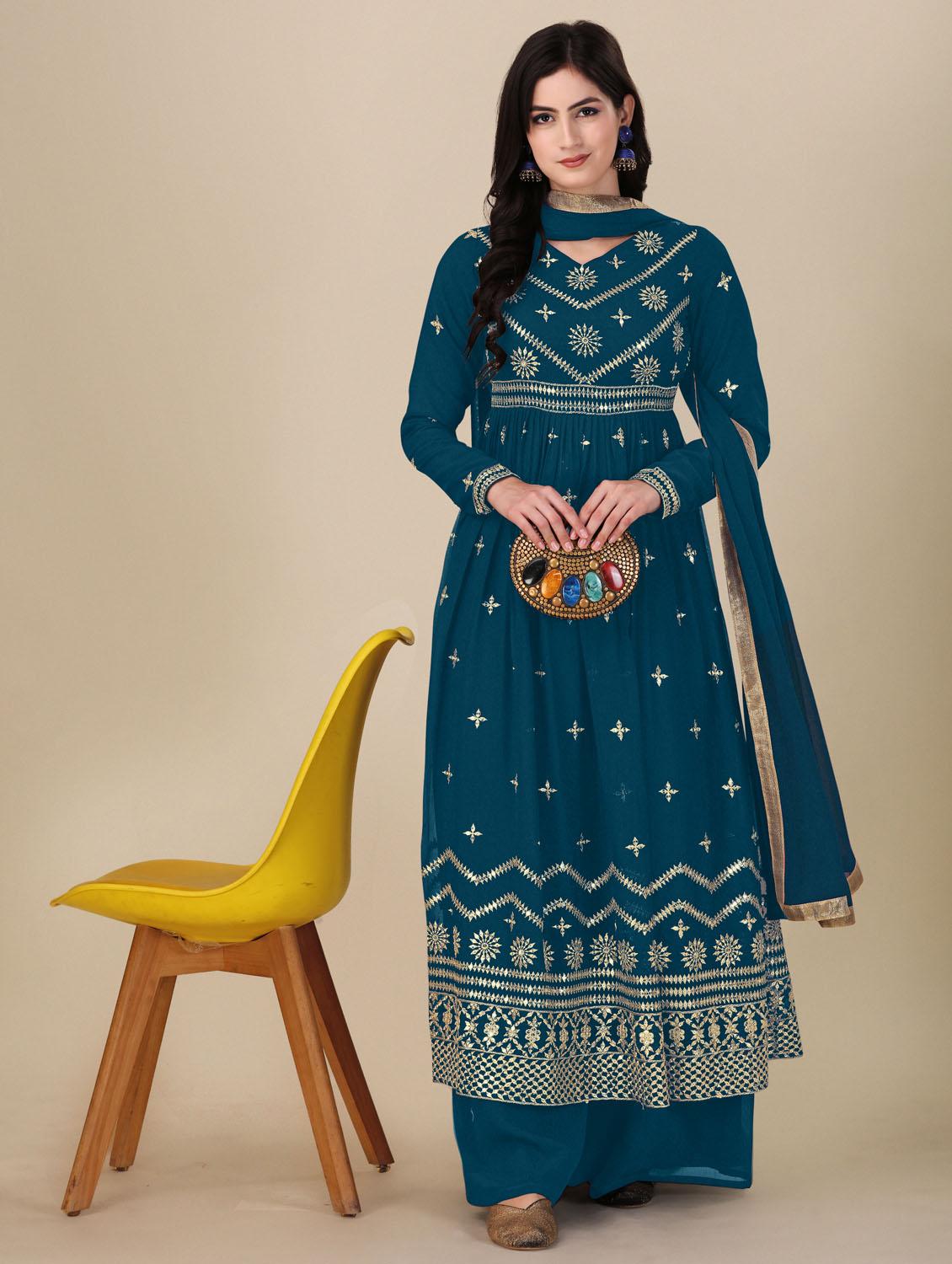 teal angrakha semi-stitched suit - 21102532 - Zoom Image - 0