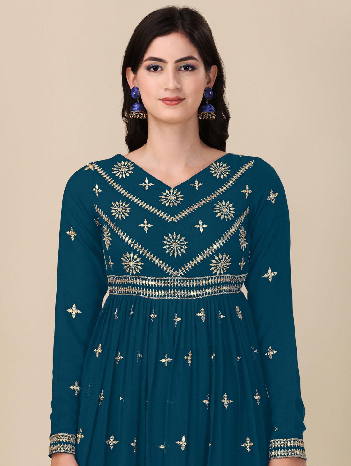 teal angrakha semi-stitched suit - 21102532 - Standard Image - 3