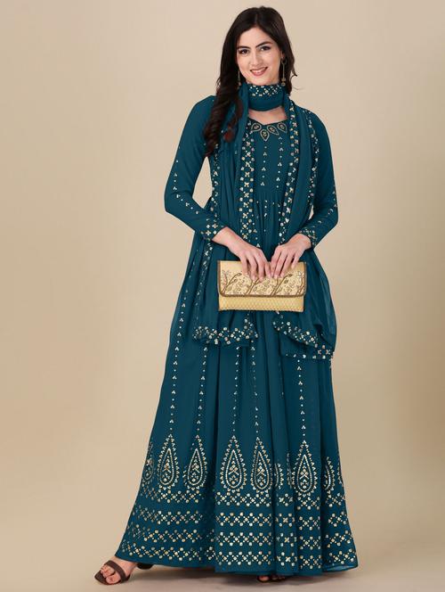 teal angrakha semi-stitched suit - 21102534 - Standard Image - 0