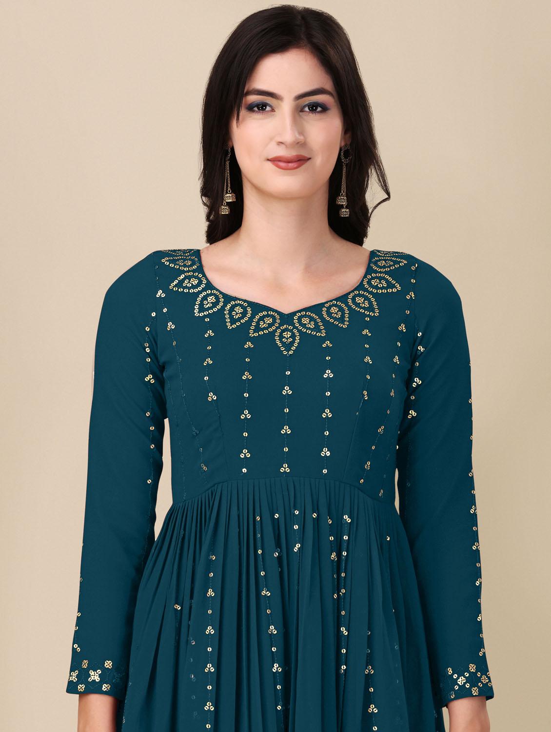 teal angrakha semi-stitched suit - 21102534 - Standard Image - 3