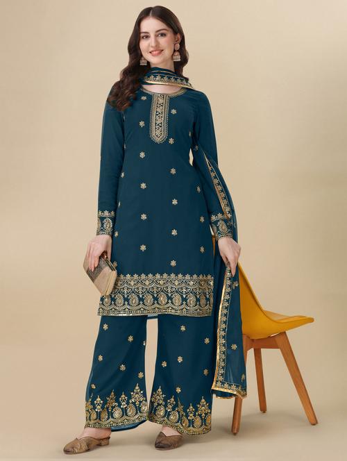 teal angrakha semi-stitched suit - 21102537 - Standard Image - 0
