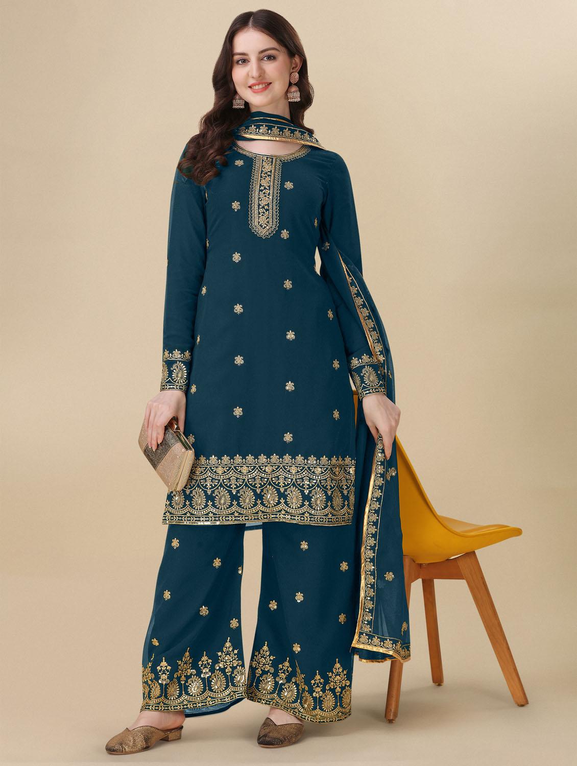teal angrakha semi-stitched suit - 21102537 - Zoom Image - 0