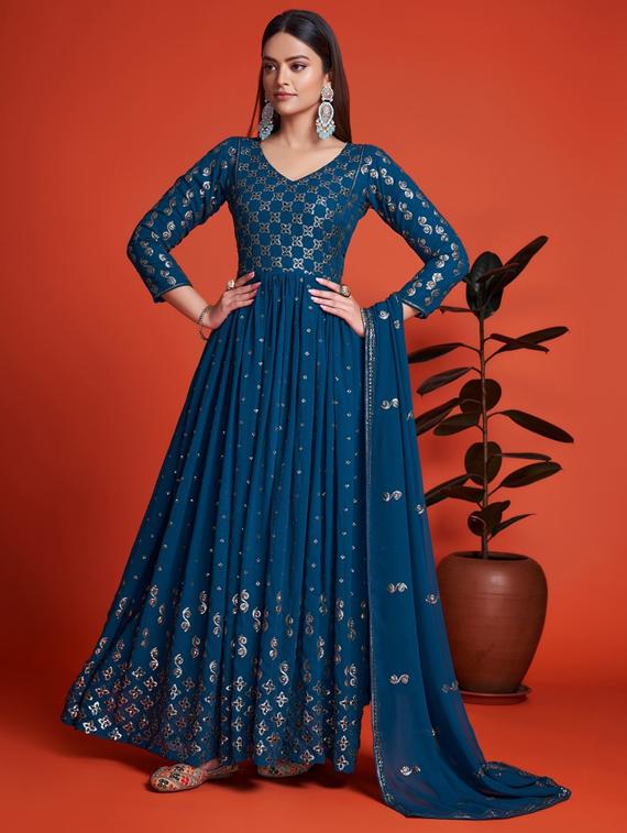 teal anarkali semi-stitched suit - 21102539 - Zoom Image - 0