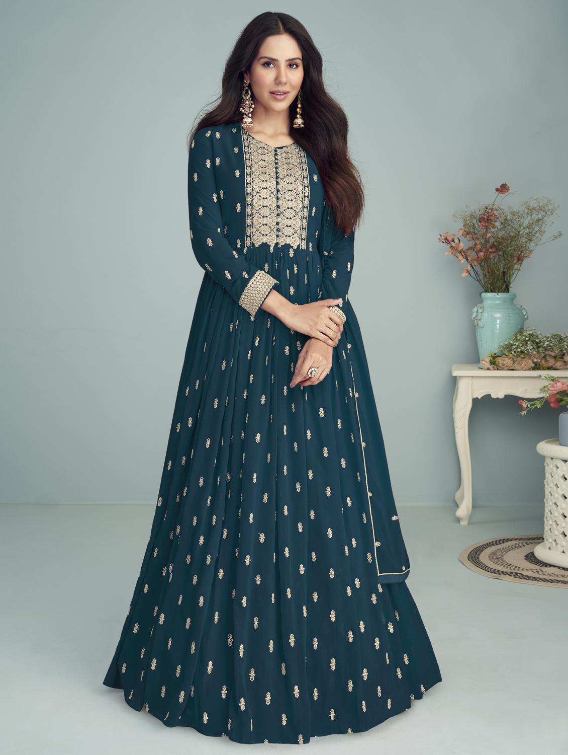 teal anarkali semi-stitched suit - 21102542 - Zoom Image - 0