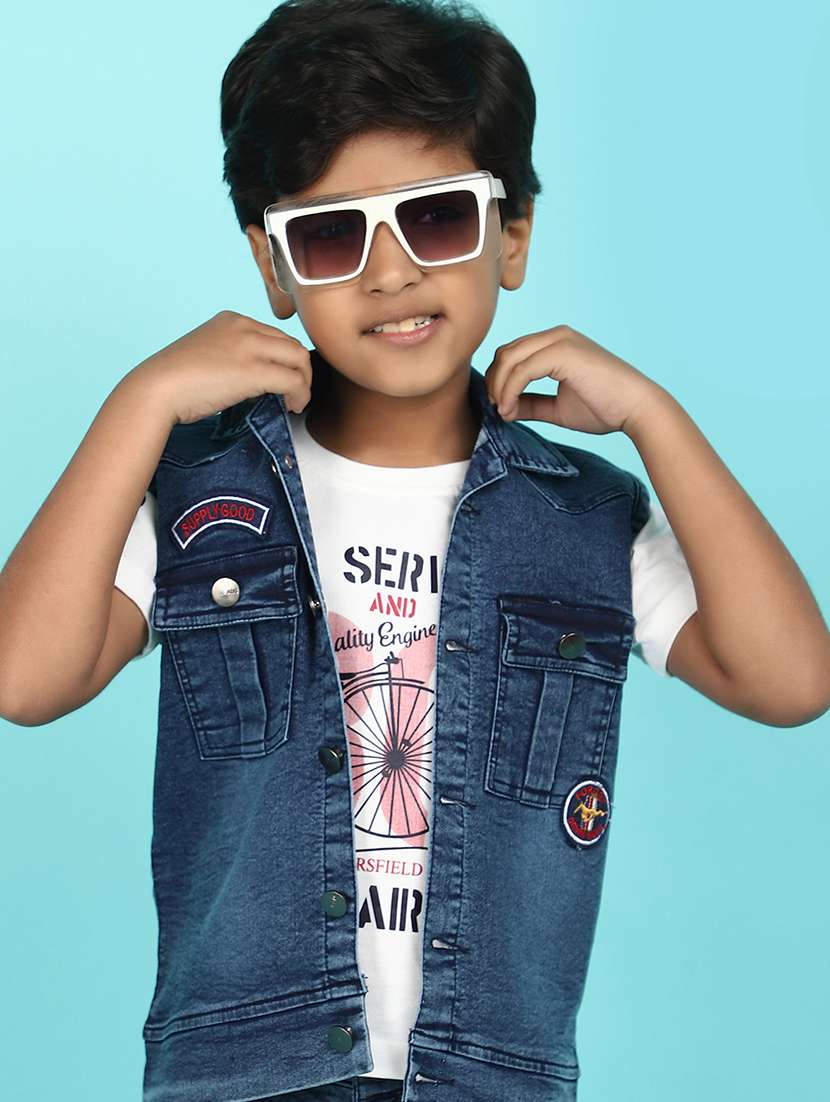 boys printed shorts set with denim jacket