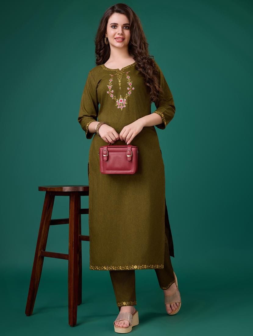 woomen olive embroidered notch neck kurta pant set - 21102923 - Zoom Image - 0