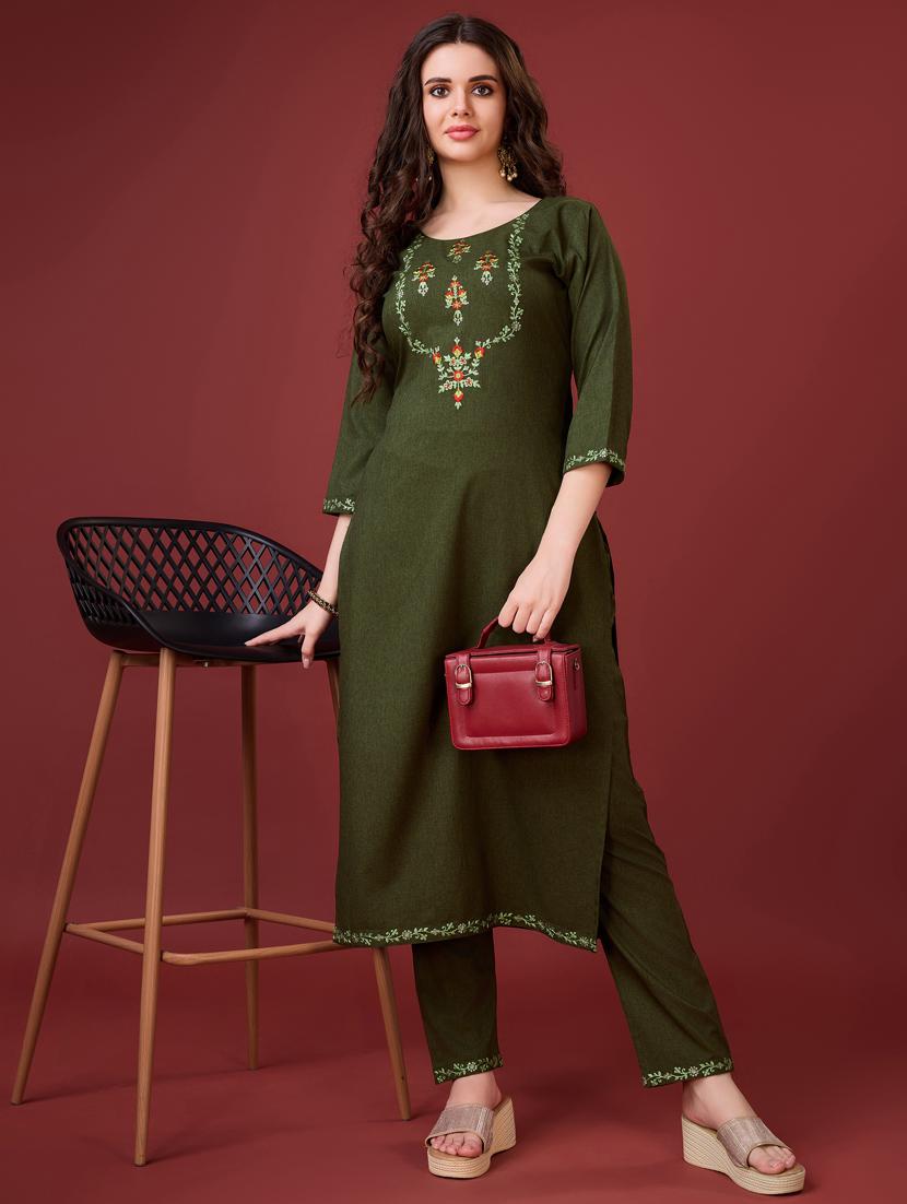 women olive embroidered kurta pant set - 21102924 - Zoom Image - 0