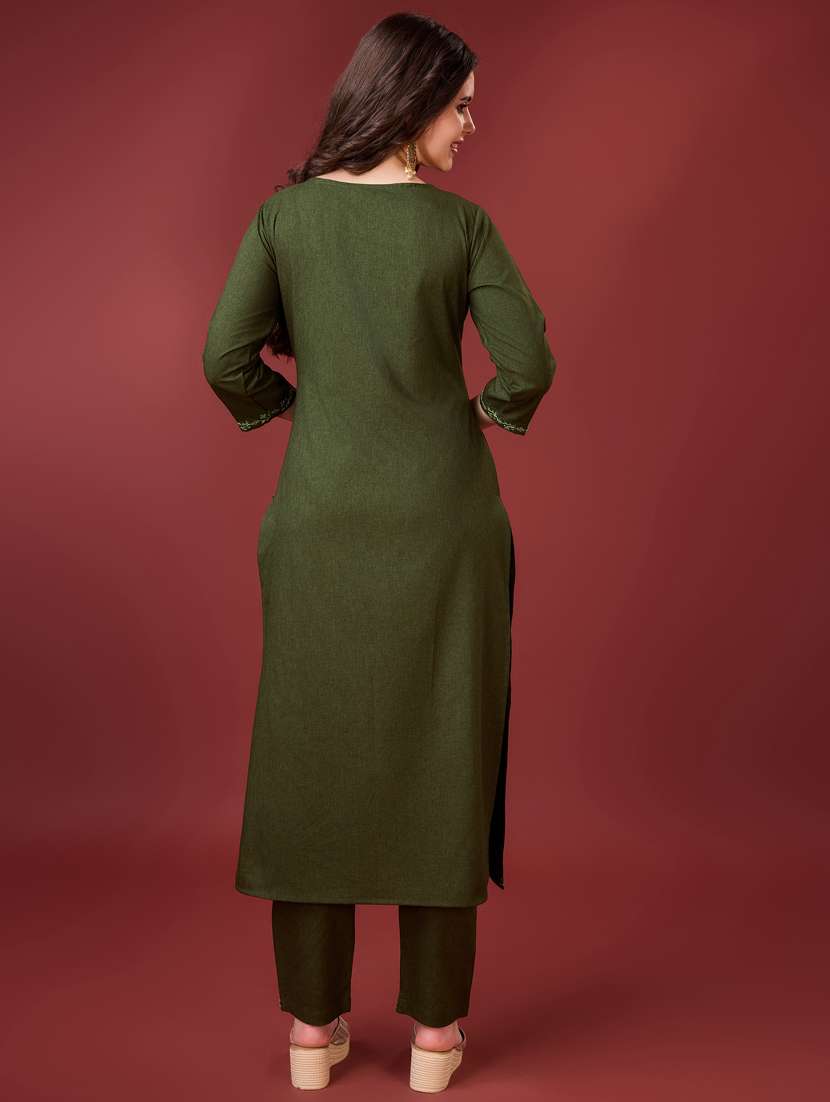 Women Olive Embroidered Kurta Pant Set