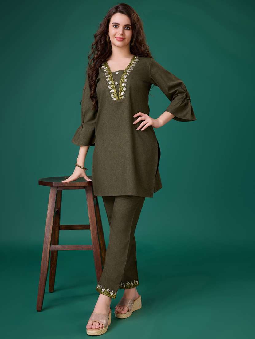 women neck embroidered co-ord set - 21102928 - Zoom Image - 0