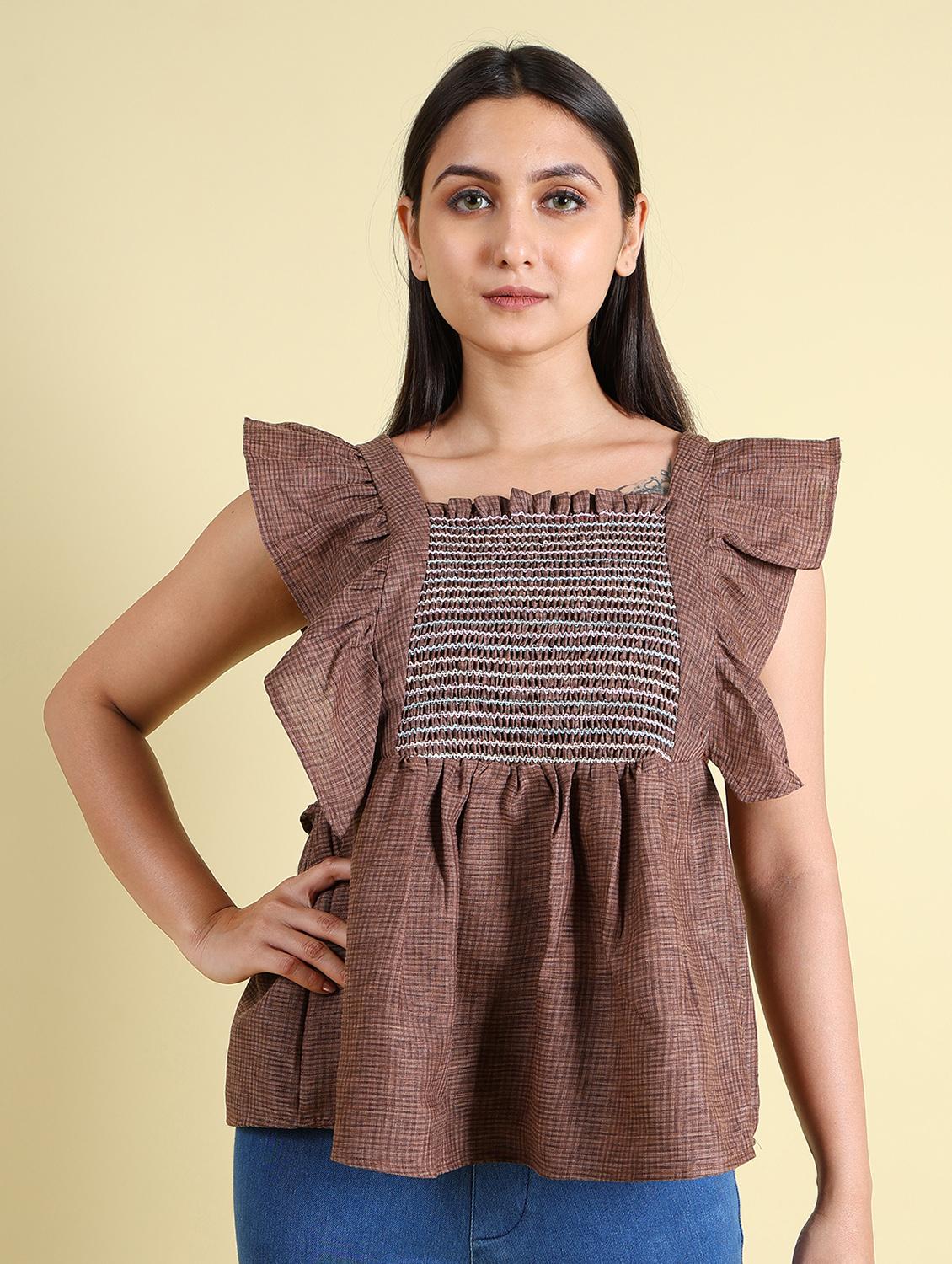 women brown checked printed detailed top - 21102939 - Zoom Image - 0
