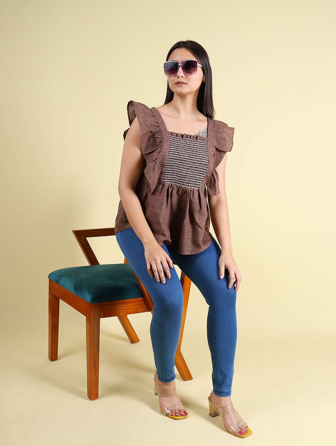 women brown checked printed detailed top - 21102939 - Standard Image - 3