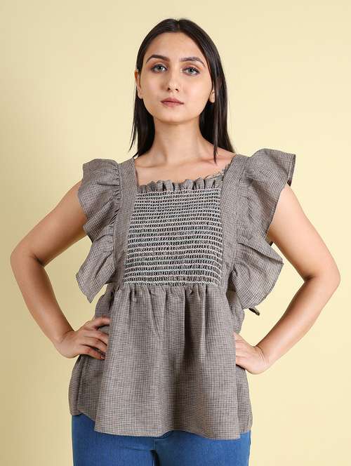 women grey checked printed detailed top - 21102941 -  Standard Image - 0