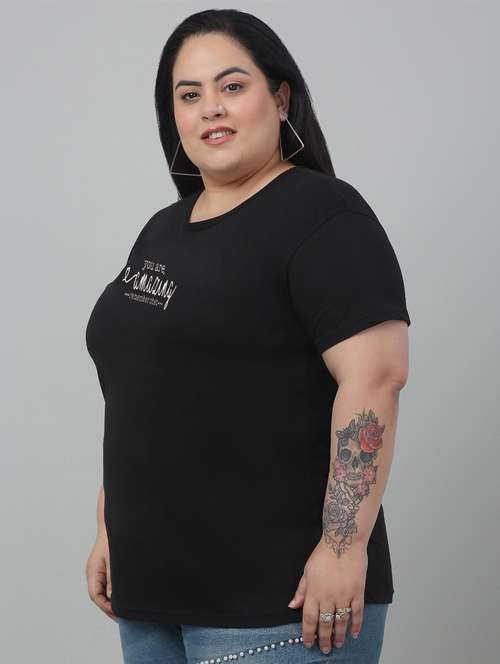 women black chest printed plus size t-shirt - 21102948 -  Standard Image - 0