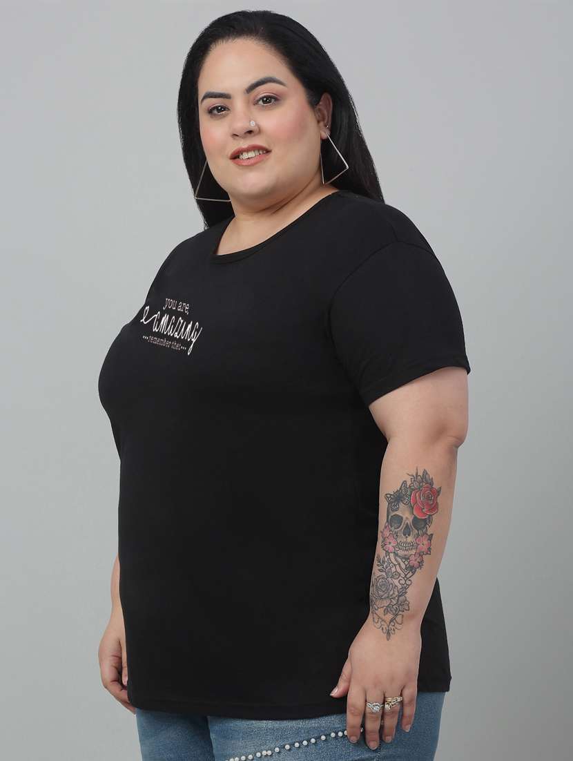 women black chest printed plus size t-shirt