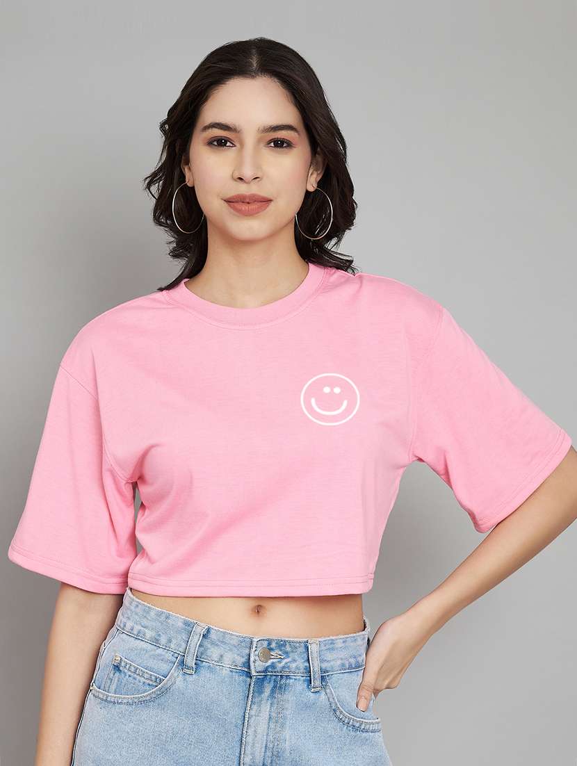 women pink placement printed crop t-shirt
