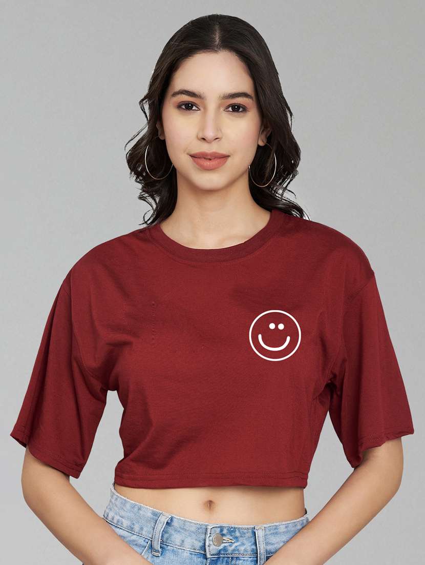 women maroon placement printed crop t-shirt