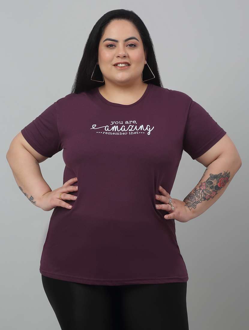women round neck chest print plus size t-shirt