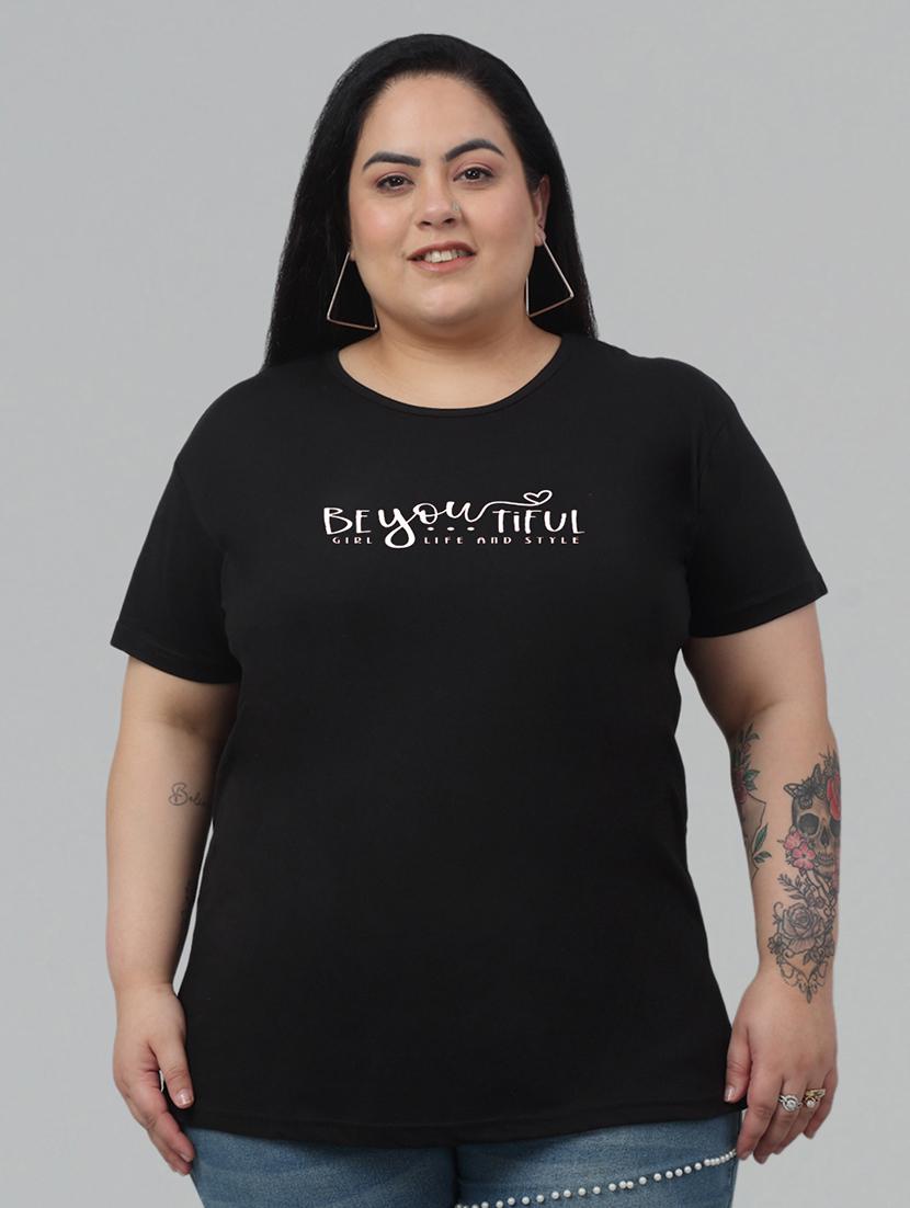 women round neck chest print plus size t-shirt - 21103015 -  Zoom Image - 0