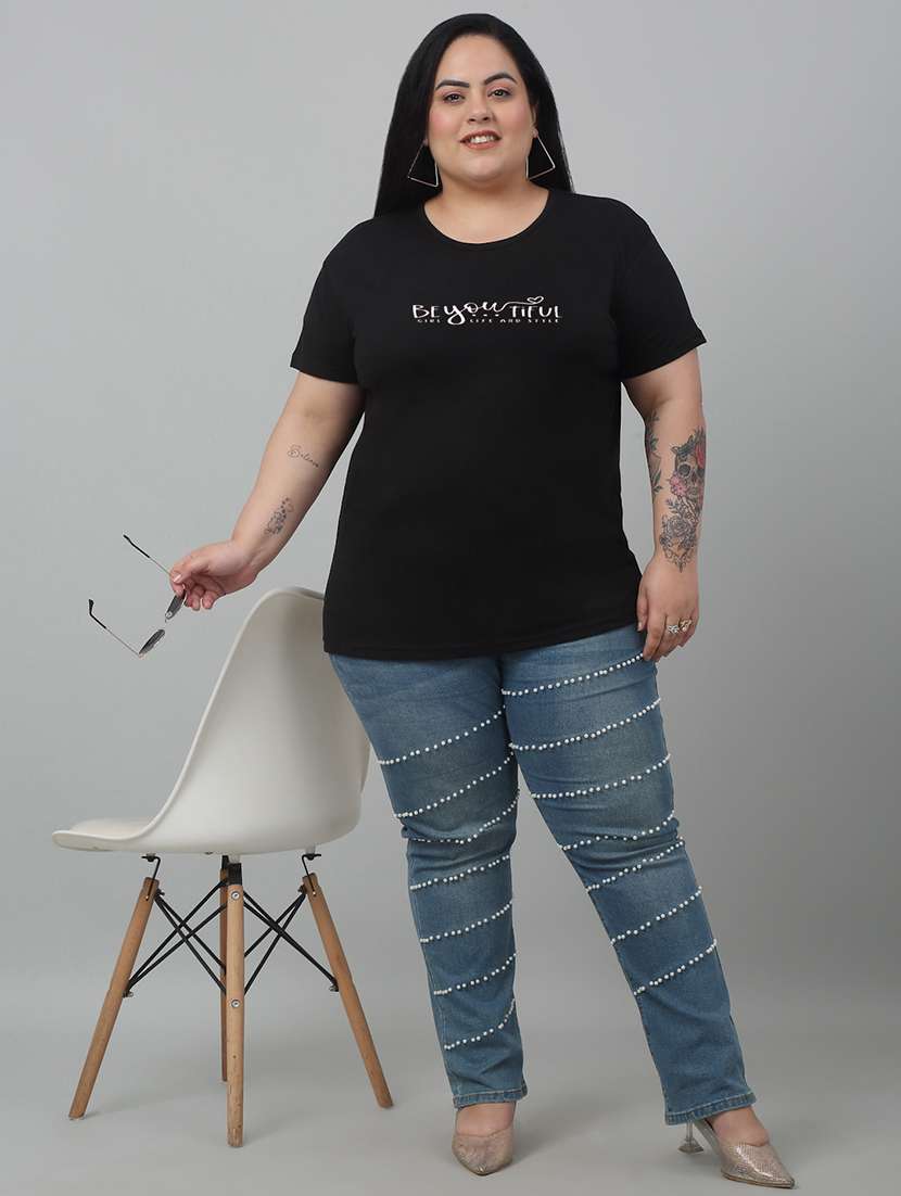 women round neck chest print plus size t-shirt - 21103015 - Standard Image - 3
