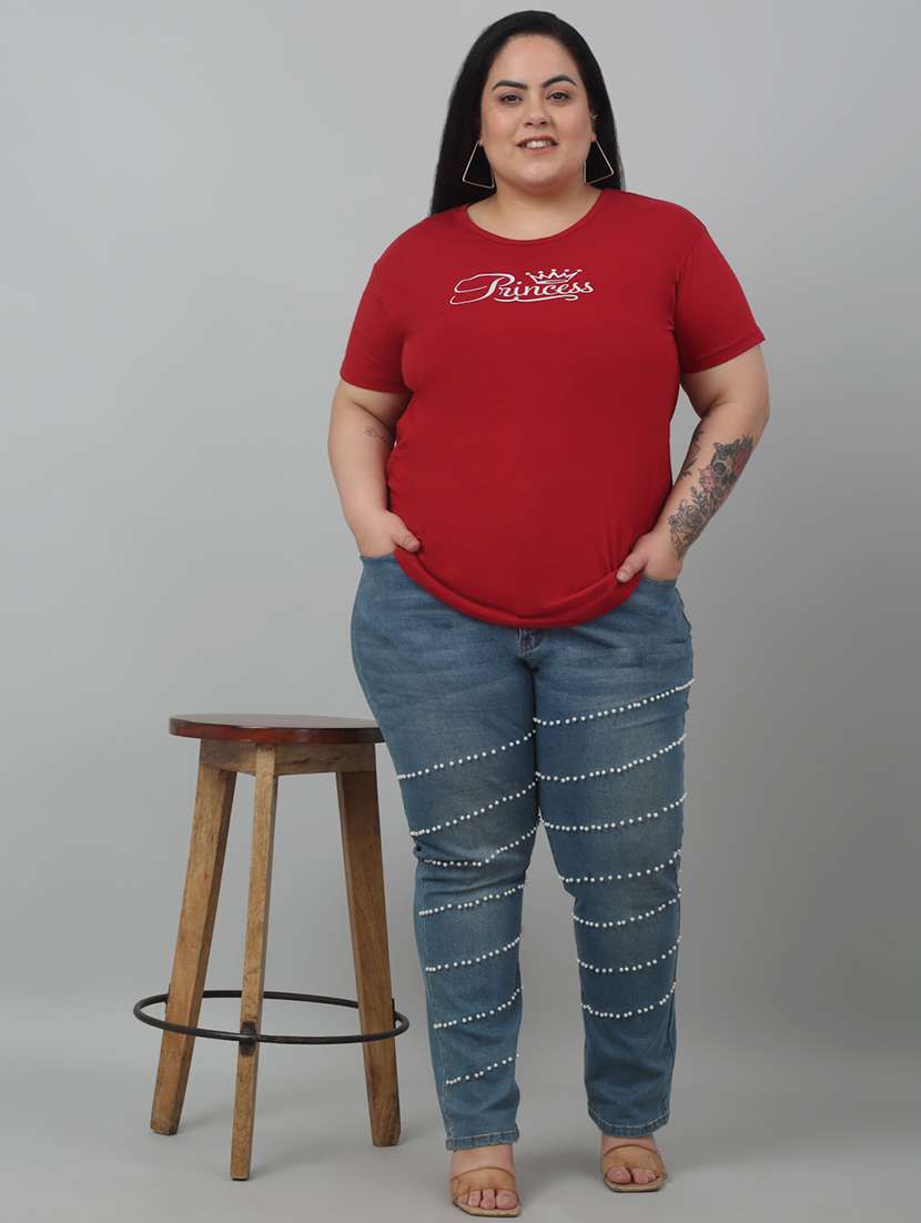 women round neck chest print plus size t-shirt - 21103051 - Standard Image - 3