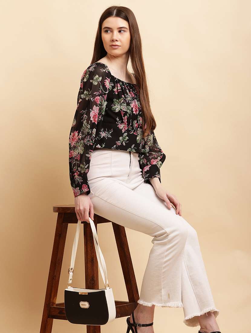 black frolals printed square neck crop top - 21103062 -  Standard Image - 3