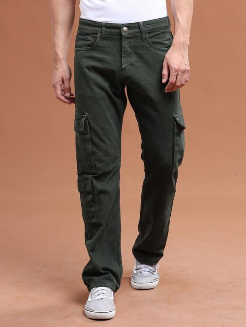 men solid green mid rise cargo jeans - 21104047 -  Standard Image - 0