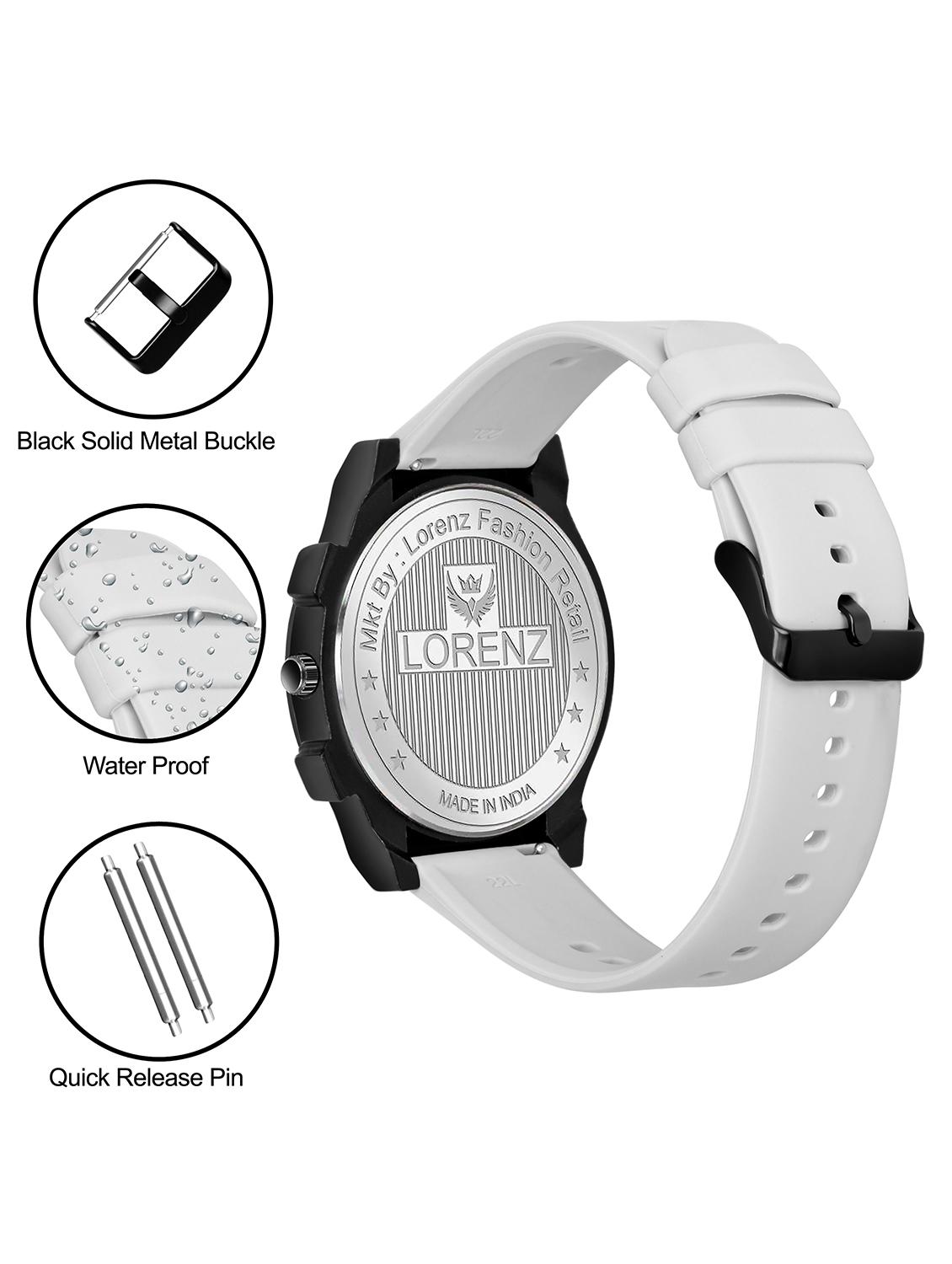 lorenz white day & date dial analog watch with grey silicone buckle lock strap | watch for men | mk-4092r - 21104261 - Standard Image - 3