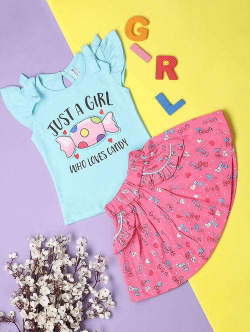 kids blue cotton printed top & skirt set - 21104410 -  Standard Image - 0