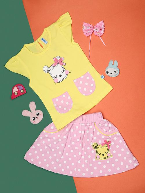 kids yellow cotton printed top & skirt set - 21104432 -  Standard Image - 0