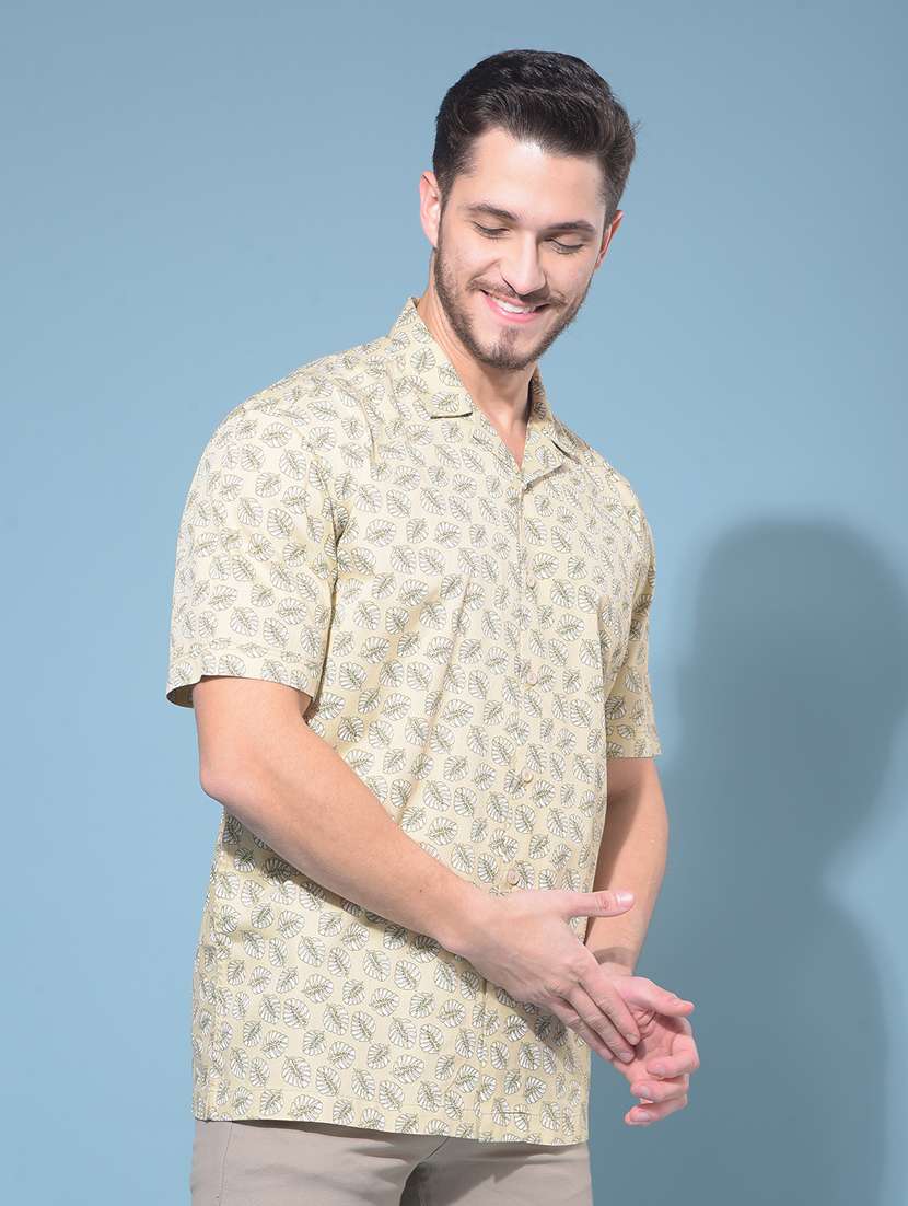 crimsoune club men's beige floral print cotton resort shirt