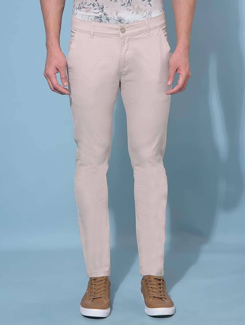 men solid beige flat front trouser