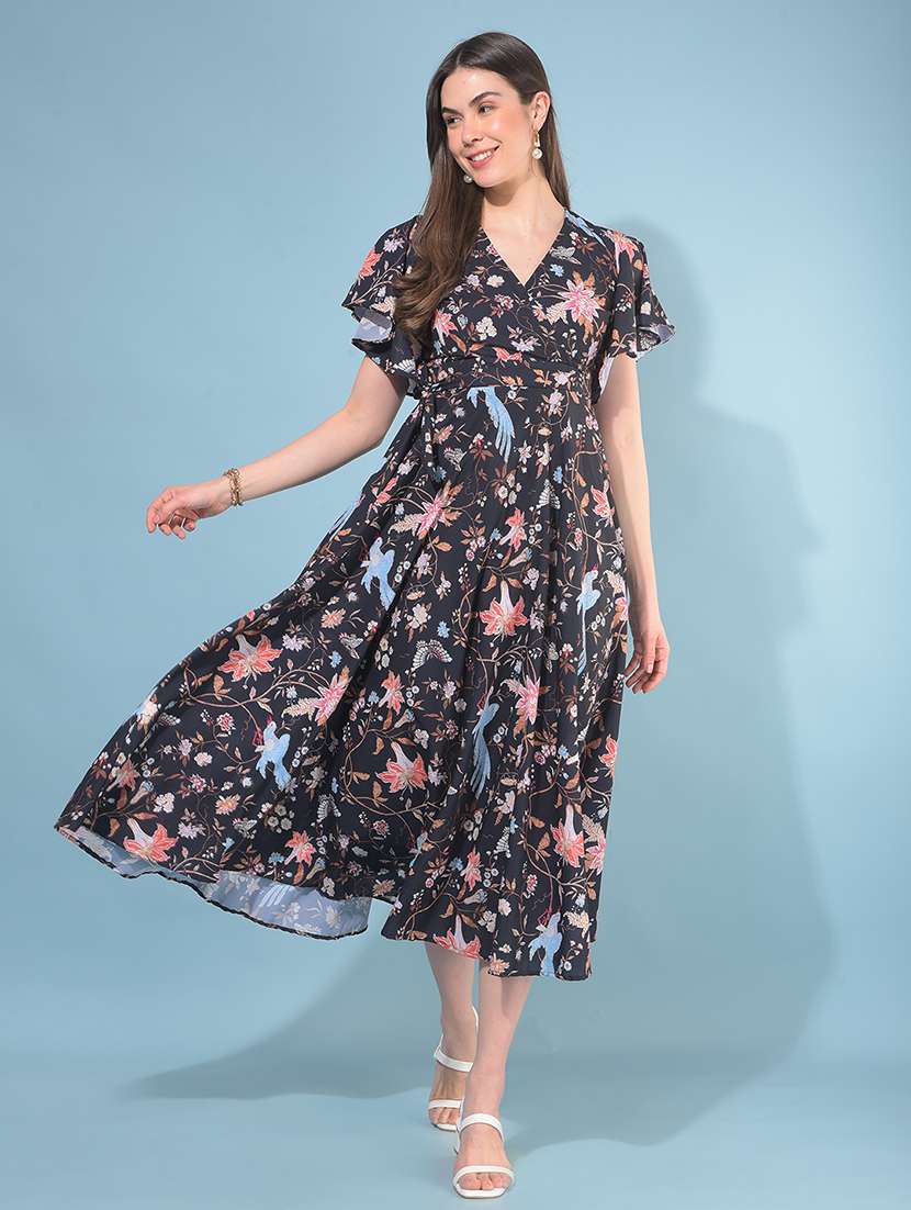 women floral print bell sleeves dress