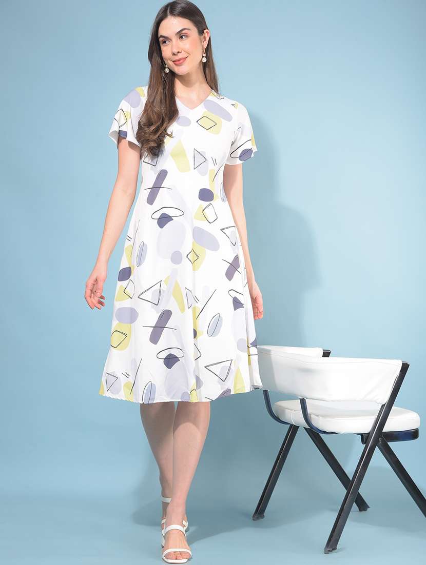 women printed bell sleeves a-line dress