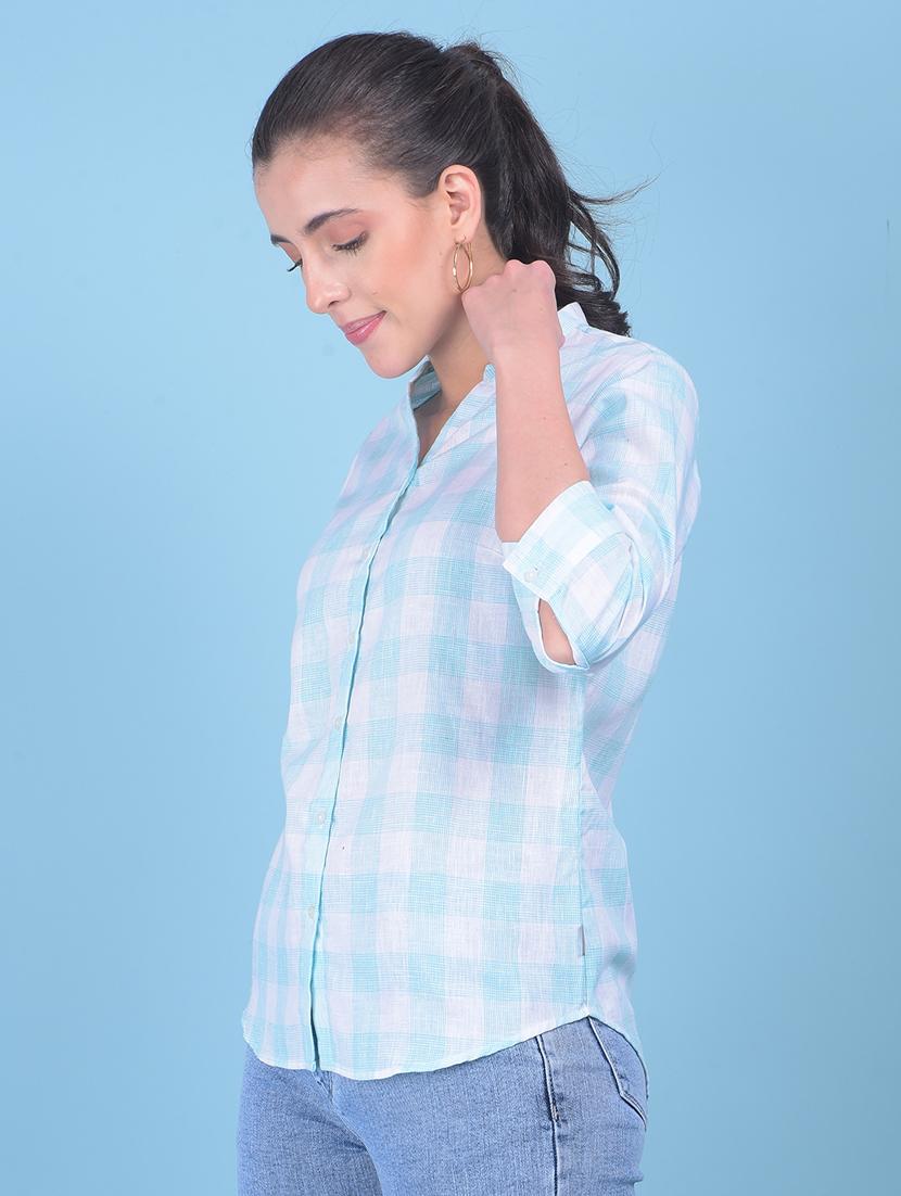 women checkered mandrain neck shirt - 21110817 -  Zoom Image - 0