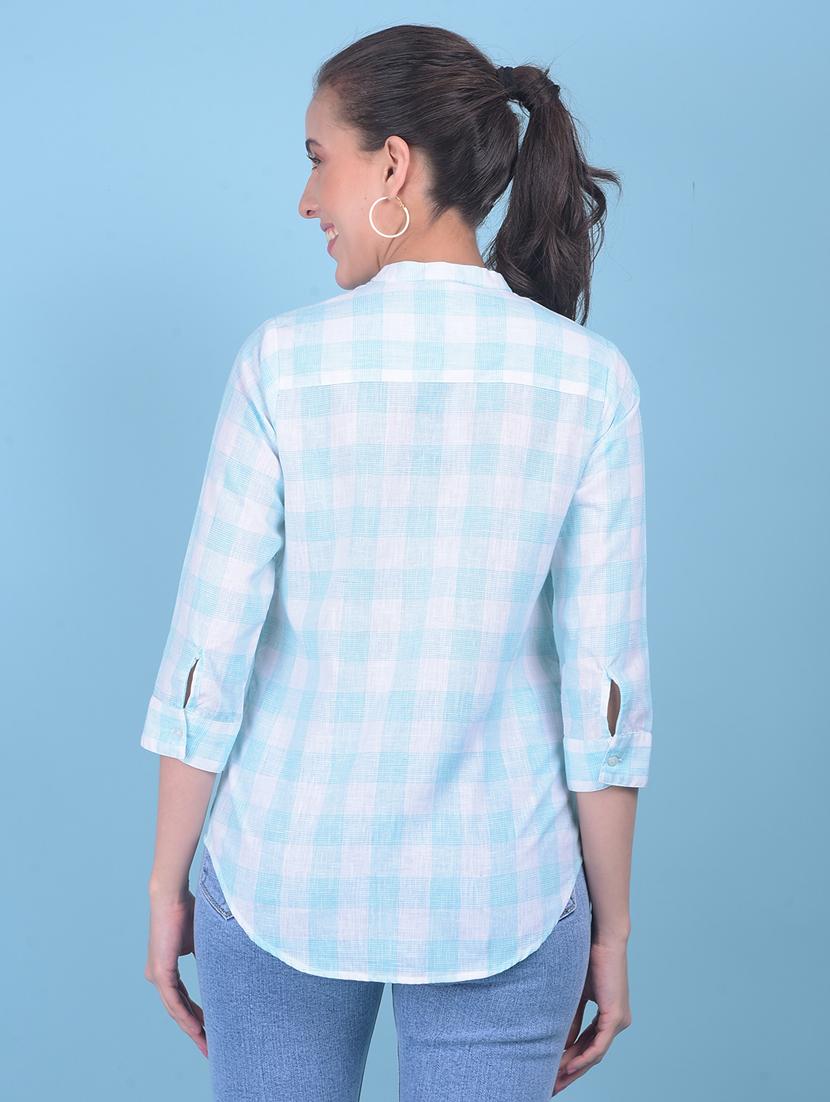 women checkered mandrain neck shirt - 21110817 - Standard Image - 3