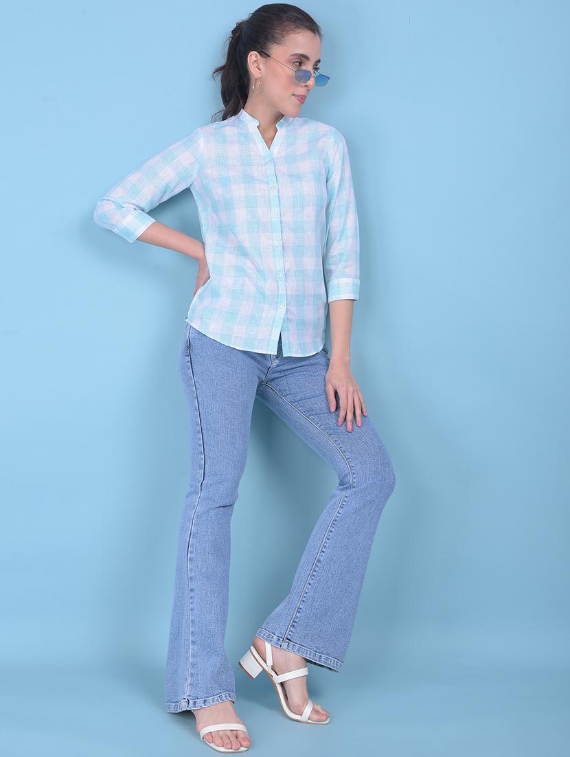 women checkered mandrain neck shirt - 21110817 - Standard Image - 5