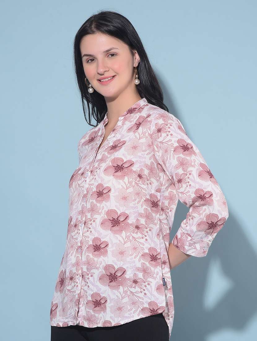 women floral print mandrain neck shirt