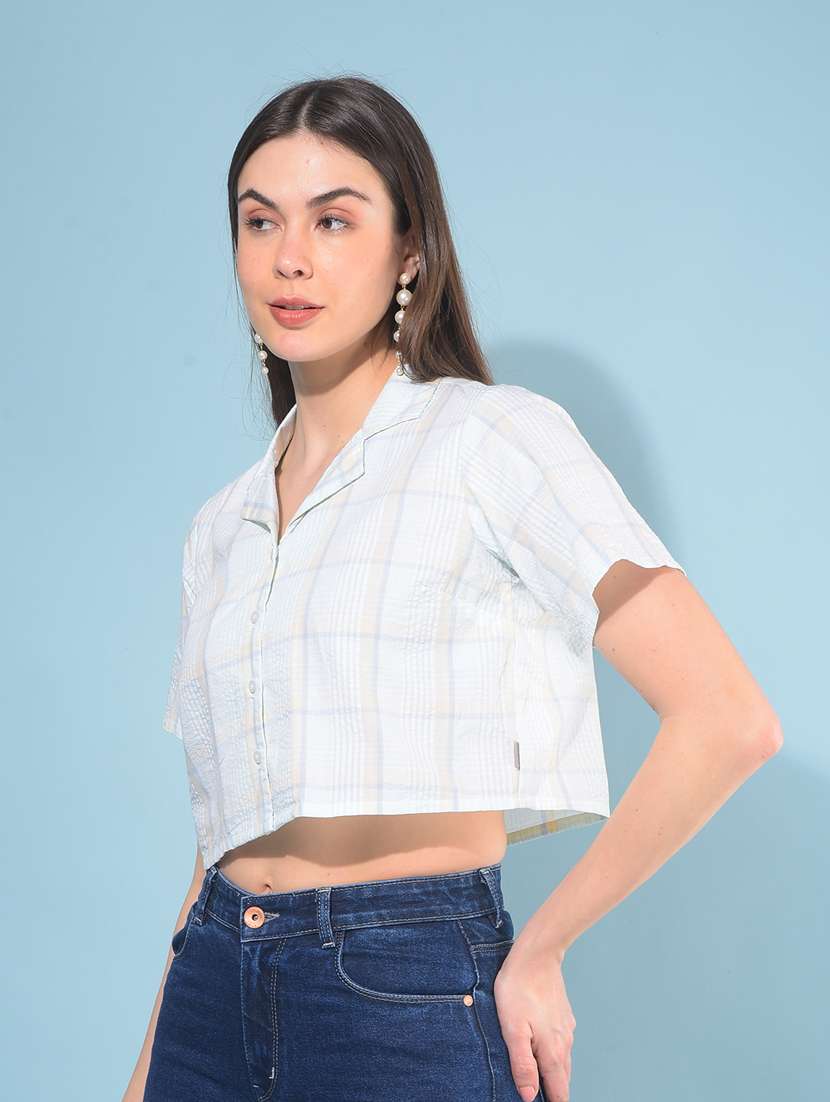 women checkered collared crop shirt