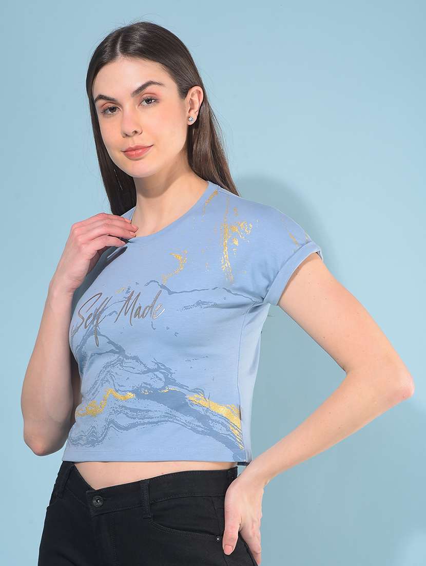 women short sleeves front print crop t-shirt