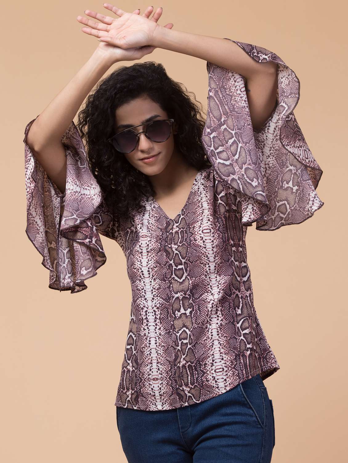 women animal print ruffle sleeves top - 21113415 -  Standard Image - 5