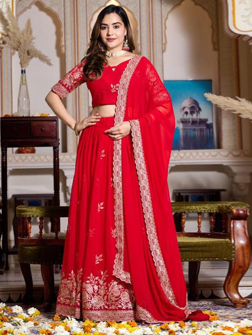 red flared semi stitched lehenga - 21113479 - Standard Image - 0